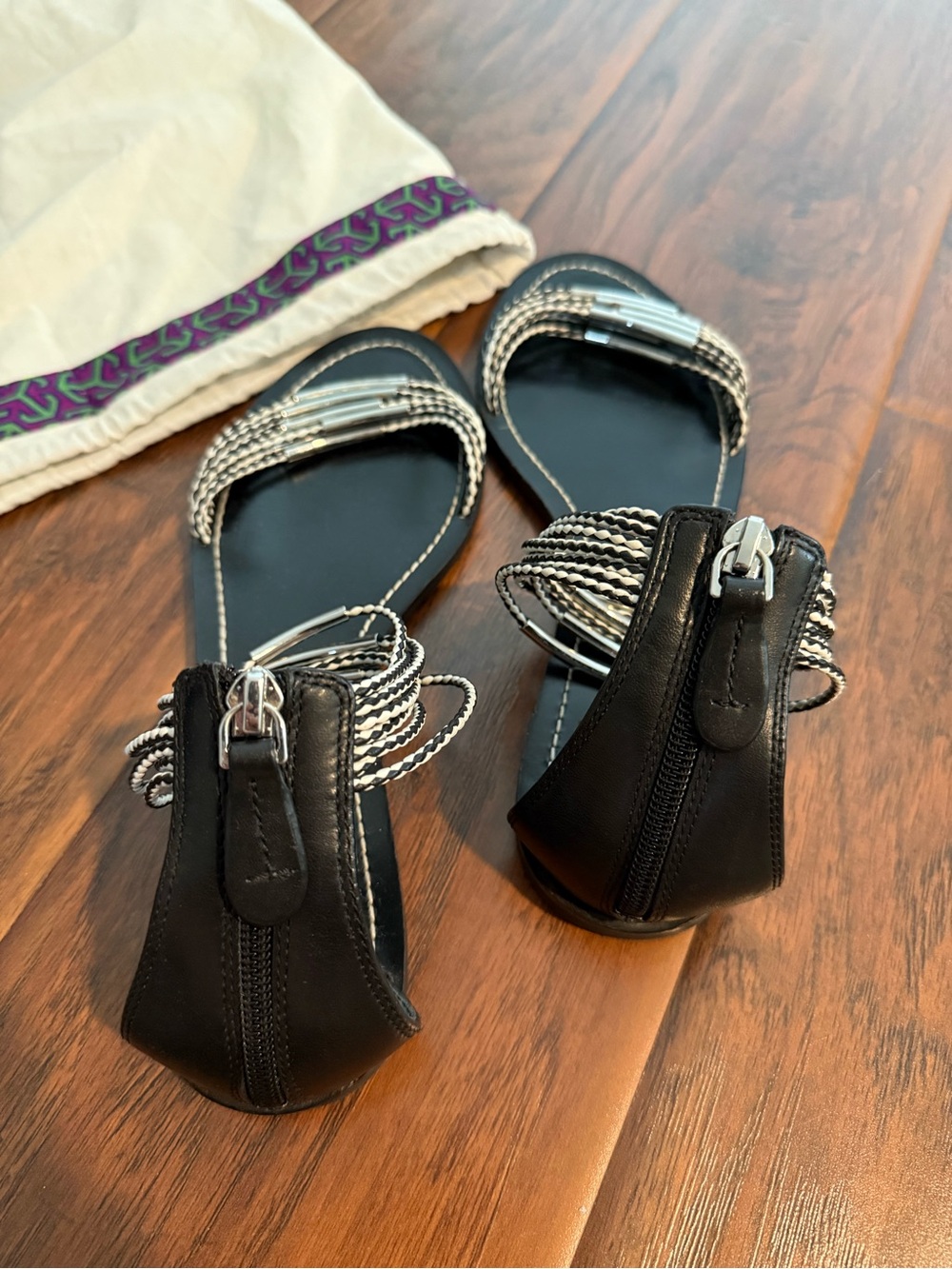 Tory Burch Black Sandals with Braided Cream Accents - Picture 3 of 6